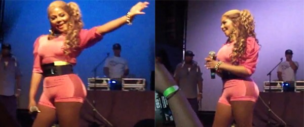 Video : Lil’ Kim Splashes On A French Rose Colored Camel Toe Outfit In Arizona